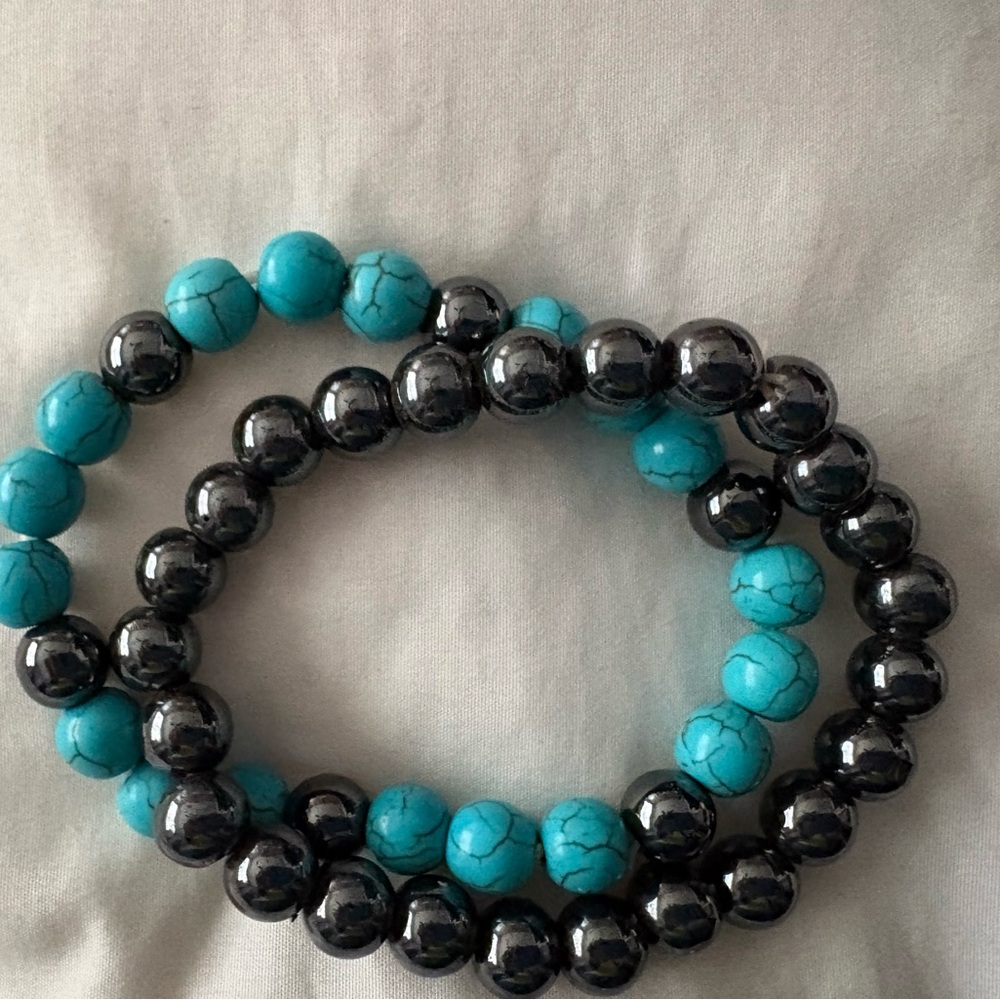 Turquoise & Black Beaded Stretch Bracelet Duo